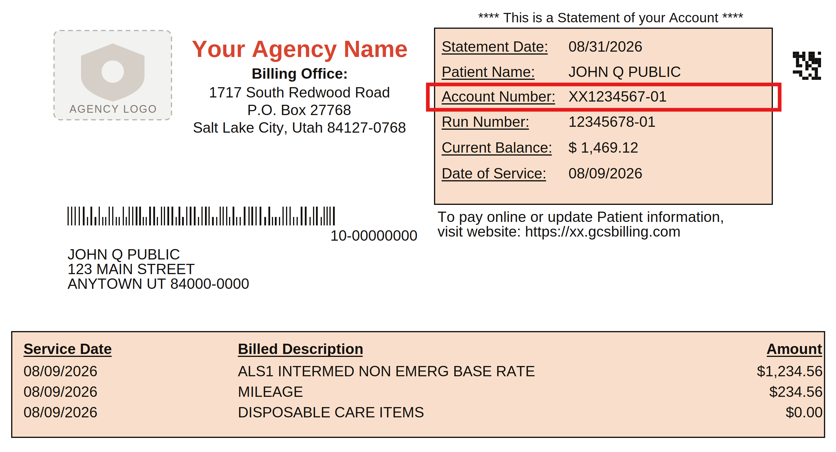 Example ambulance billing statement showing the account number